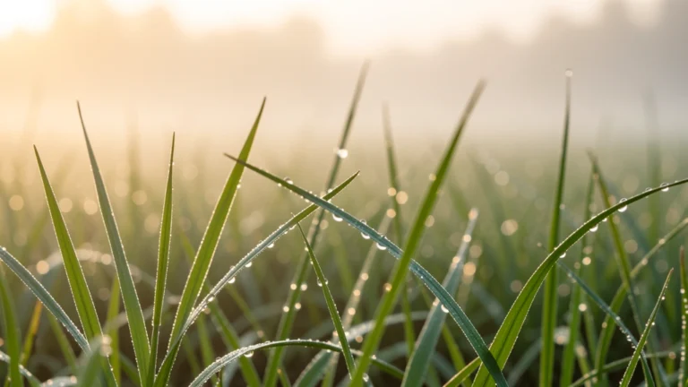 Morning dew drops forming on green grass blades with low mist hanging over a field at dawn