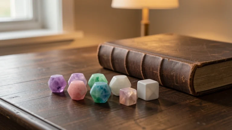 Colorful gemstone polyhedral dice beside an old leather-bound book on a wooden table