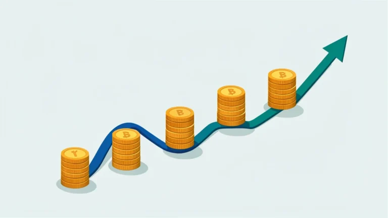 Evenly spaced coin stacks of equal dollar height buying different coin counts along a falling then rising price line, no text