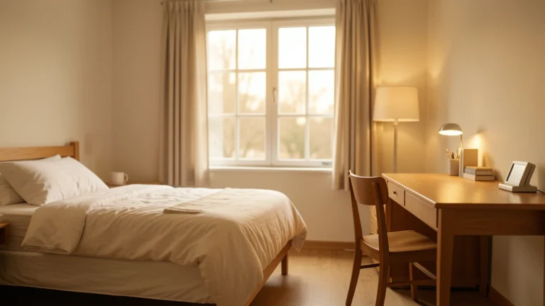 Tidy small dorm room with a bed, desk and window