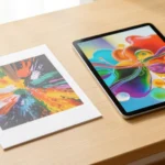 A glossy printed photo lying next to a tablet screen showing the same image, on a clean desk in soft light