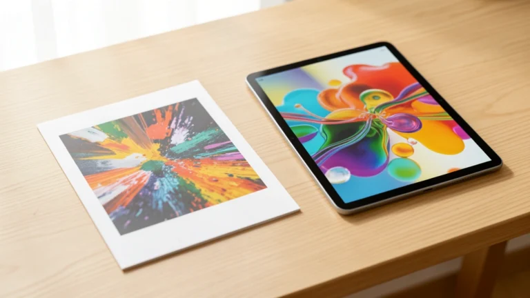 A glossy printed photo lying next to a tablet screen showing the same image, on a clean desk in soft light