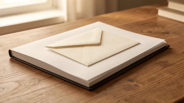 A single deposited envelope or check set apart from a larger folder of documents, suggesting a good-faith deposit set aside for a home purchase. No faces or people. No text, numbers, or dollar signs visible in the image. Photorealistic editorial still-life style.