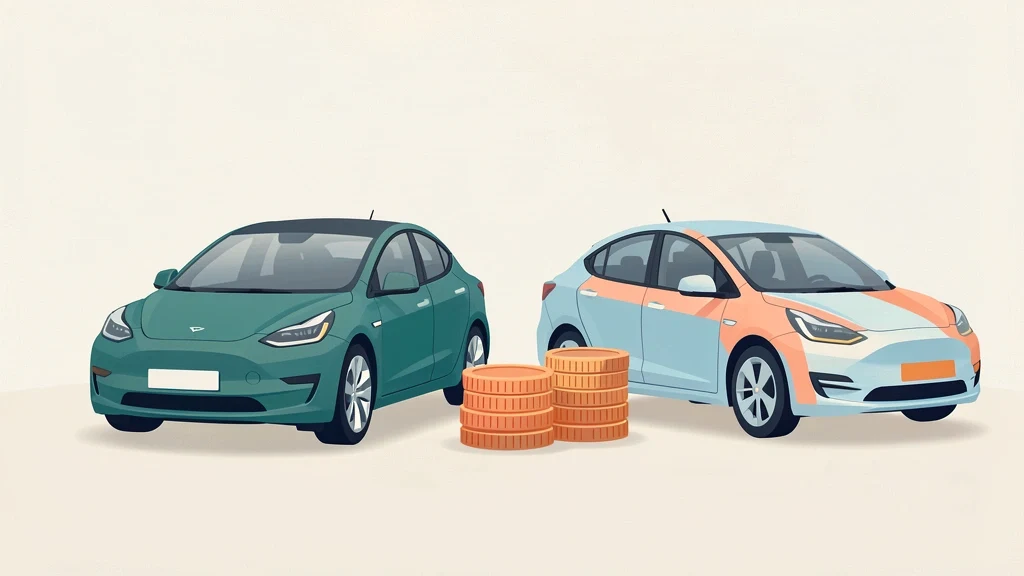 An electric car and a gas car side by side with small and large fuel-cost coin stacks, clean concept, no people, no text