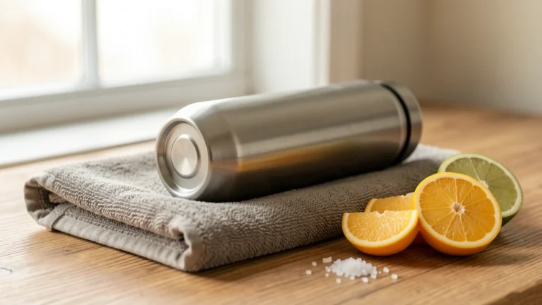 A water bottle with citrus slices and a pinch of salt on a gym towel, photorealistic editorial still life, no real faces or people, no text or numbers in the image