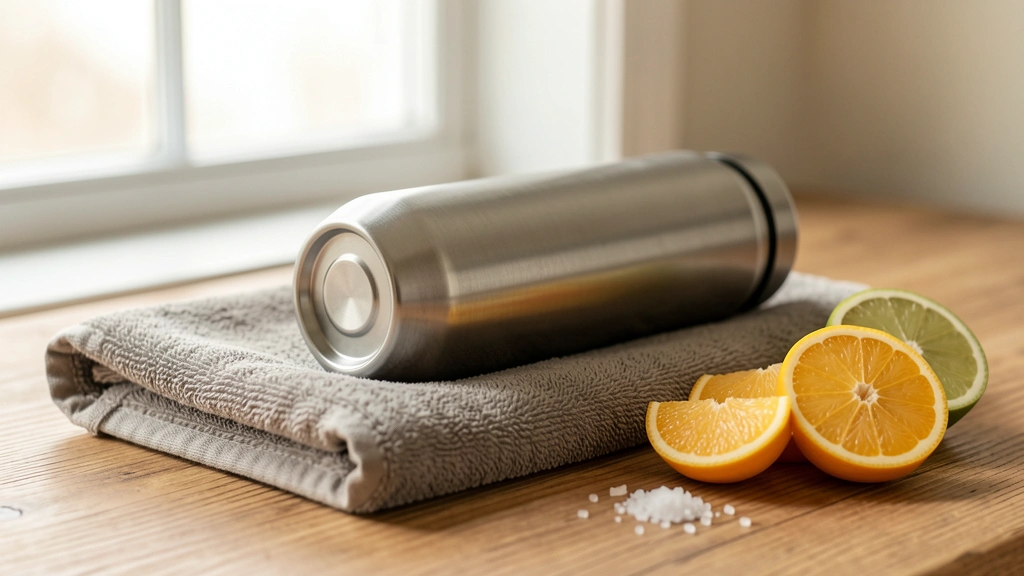 A water bottle with citrus slices and a pinch of salt on a gym towel, photorealistic editorial still life, no real faces or people, no text or numbers in the image