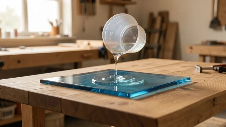 Clear epoxy being poured from a mixing cup onto a blue resin panel on a wooden bench