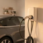 An electric car plugged into a wall-mounted home charger in a clean garage at night, no people present
