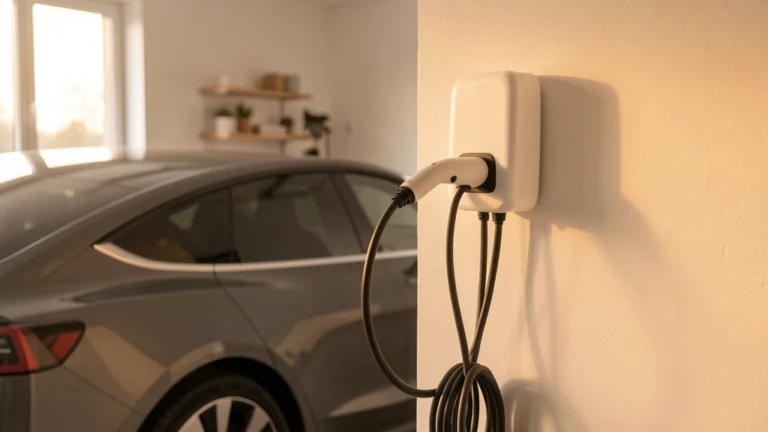An electric car plugged into a wall-mounted home charger in a clean garage at night, no people present