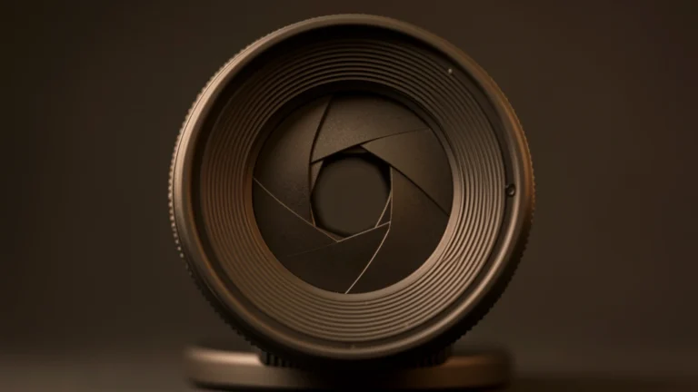 A camera lens with its aperture blades visible on a wooden table beside a light meter, no people present