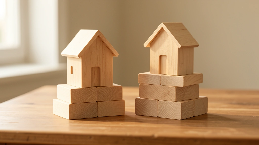 Two small house-shaped wooden blocks side by side on a blank blueprint, one block resting on a shorter stack of plain wooden discs and the other on a taller stack, no text, no faces