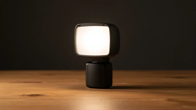 Plain camera flash unit glowing on a wooden table against a dark background