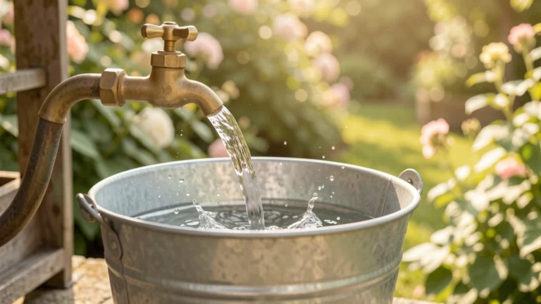 Water flowing from a brass garden tap into a metal bucket