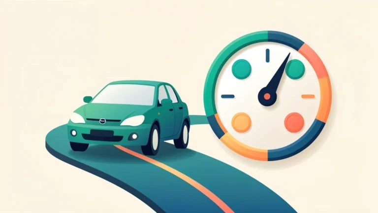 Flat illustration of a car on a highway with a fuel gauge and dollar coins, showing road trip gas budgeting