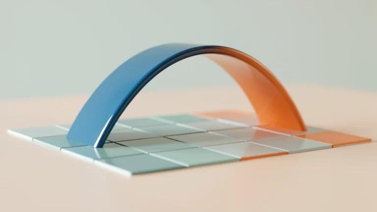 A smooth curved ribbon of colored material rising over a flat grid-like tile surface on a light desk