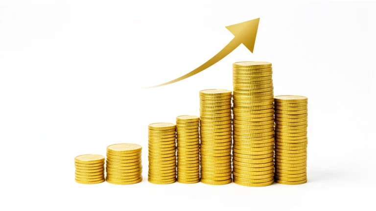 A small stack of coins growing into a much taller future stack along a rising curve, representing the future value of savings, no text in image