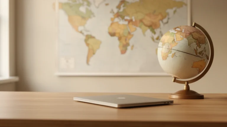 Globe and closed laptop on a desk in front of a world map