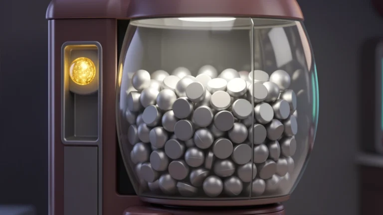 A row of round toy capsules inside a glass gacha vending machine, one capsule near the dispenser slot glowing gold while the rest are plain, no text, no numbers, no real game logos or characters, no people