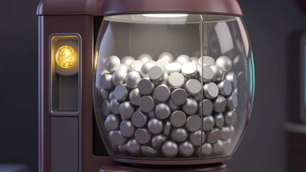 A row of round toy capsules inside a glass gacha vending machine, one capsule near the dispenser slot glowing gold while the rest are plain, no text, no numbers, no real game logos or characters, no people