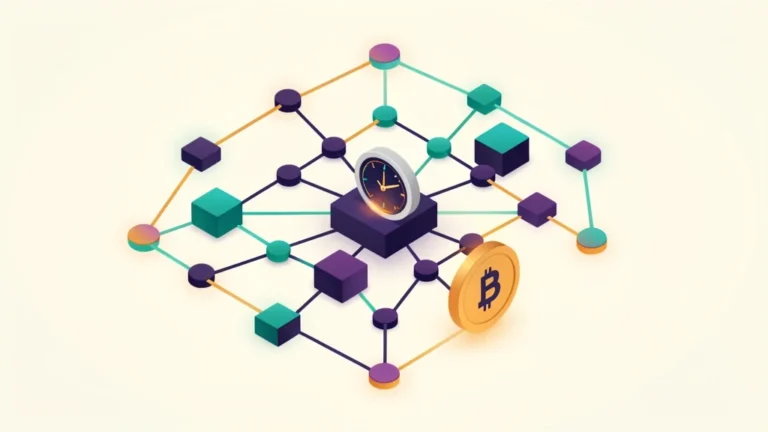 Glowing blockchain network with a small fuel gauge and coin icon showing transaction cost, clean abstract style, no text