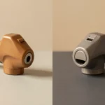 A gasoline pump nozzle and a diesel pump nozzle resting side by side on a plain garage floor, no text, no numbers, no real person's hands or face