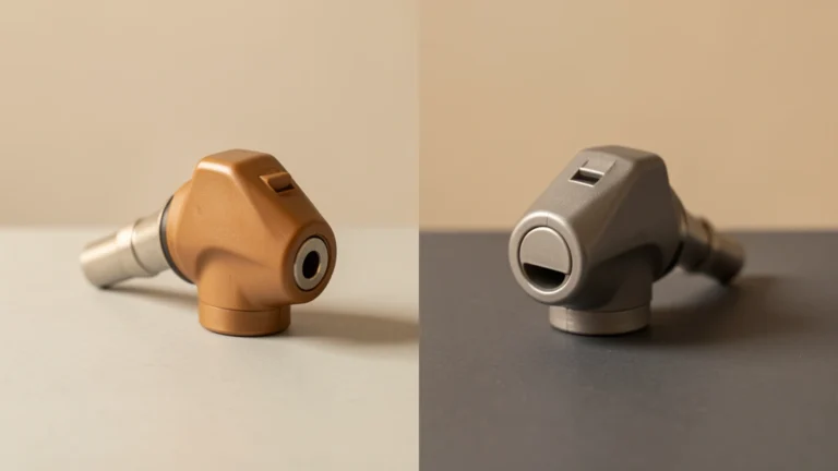 A gasoline pump nozzle and a diesel pump nozzle resting side by side on a plain garage floor, no text, no numbers, no real person's hands or face