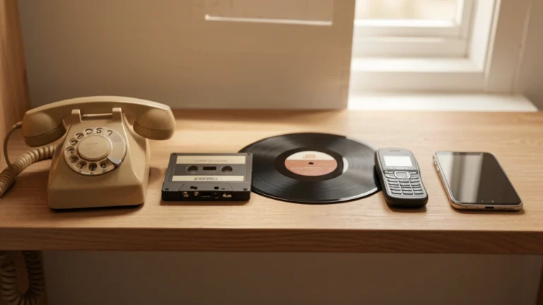 Rotary phone, cassette tape, vinyl record, early mobile phone and smartphone lined up on a shelf