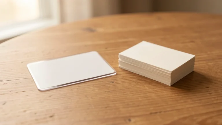A generic plastic gift card lying next to a small folded stack of paper currency on a plain wooden surface, no text, no numbers, no real person's hands or face