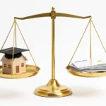 A balance scale weighing a small house and graduation cap on one side against a credit card and shopping bags on the other, contrasting productive and costly debt
