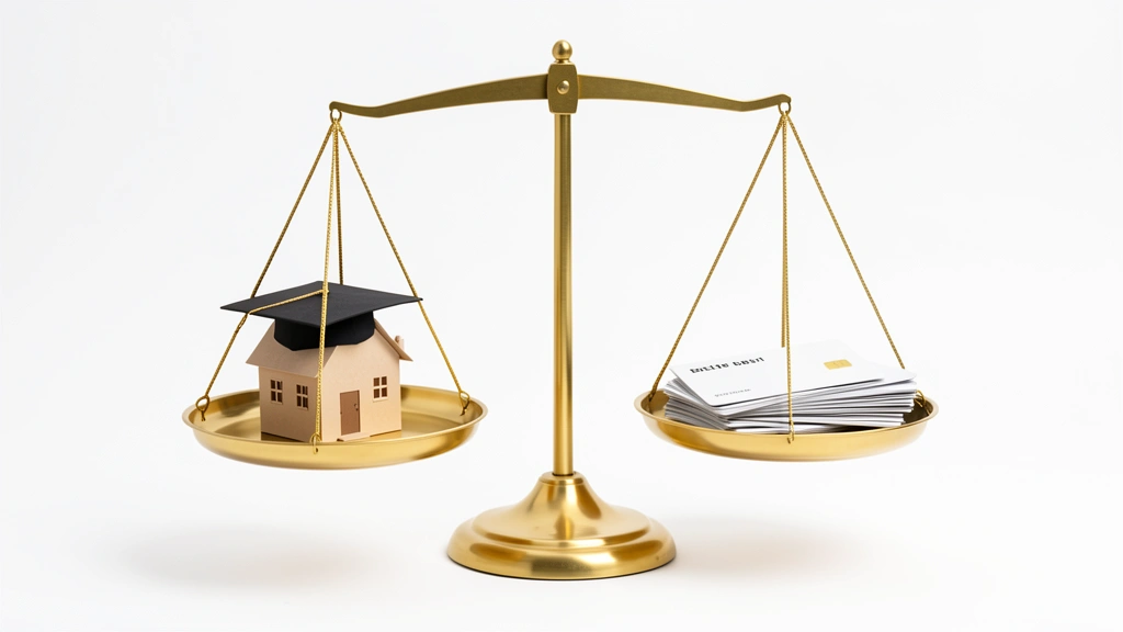 A balance scale weighing a small house and graduation cap on one side against a credit card and shopping bags on the other, contrasting productive and costly debt
