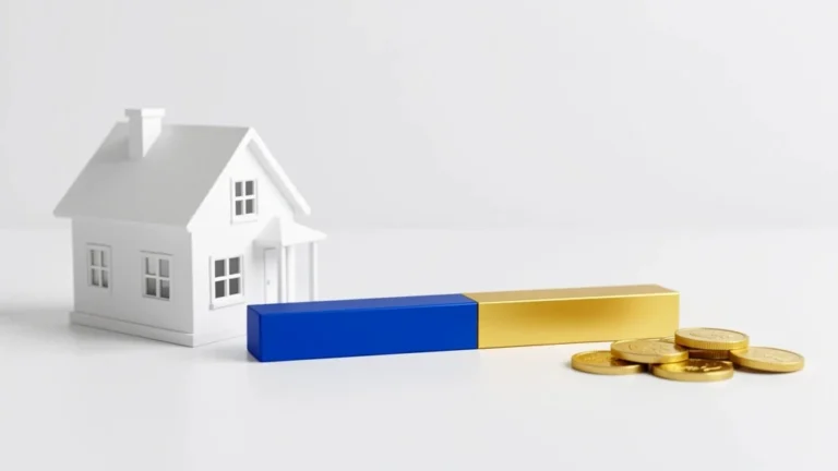 Miniature house beside a two-part ratio bar of blue and gold with a few coins, representing loan-to-value ratio