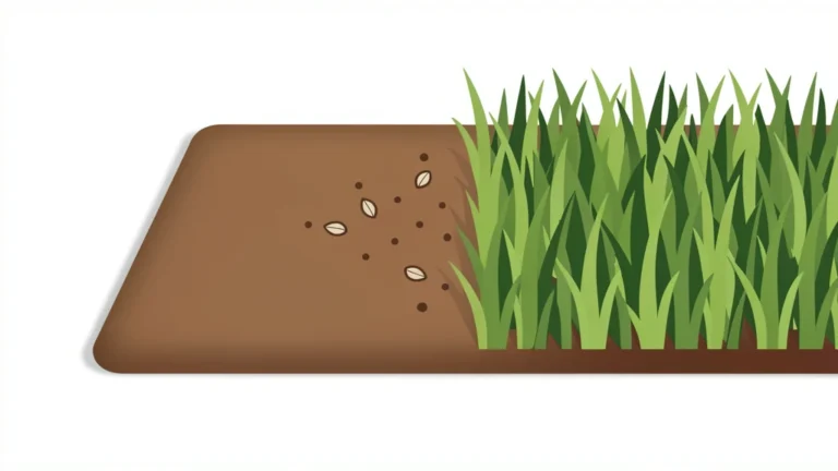 Bare soil section next to thick green lawn, small scattered seed icons, simple measuring grid overlay, no people