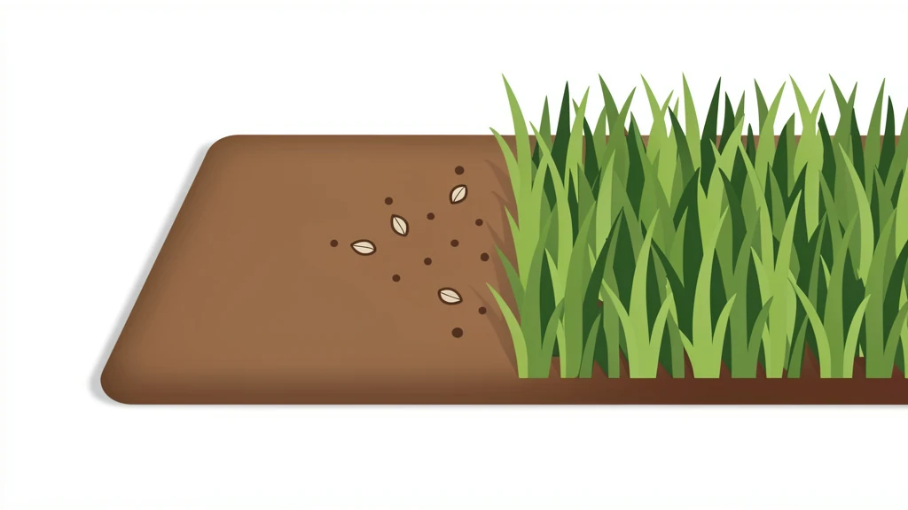 Bare soil section next to thick green lawn, small scattered seed icons, simple measuring grid overlay, no people