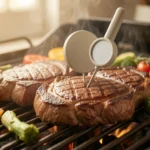 Steaks and vegetables cooking on a grill with a probe thermometer inserted, no people present