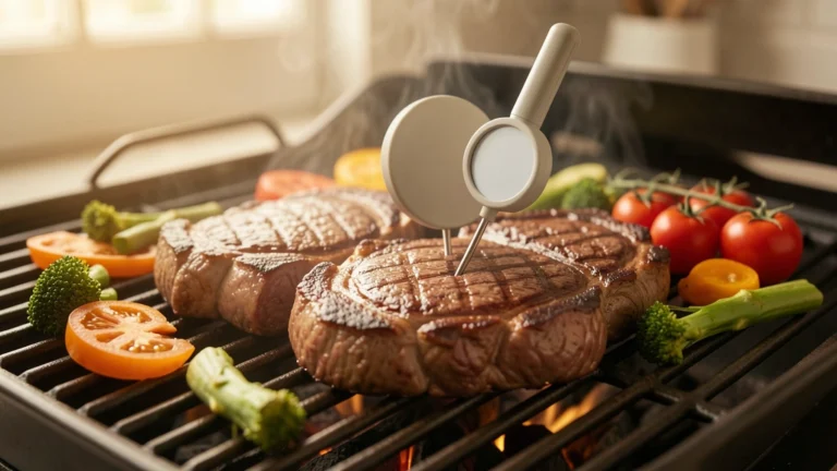Steaks and vegetables cooking on a grill with a probe thermometer inserted, no people present