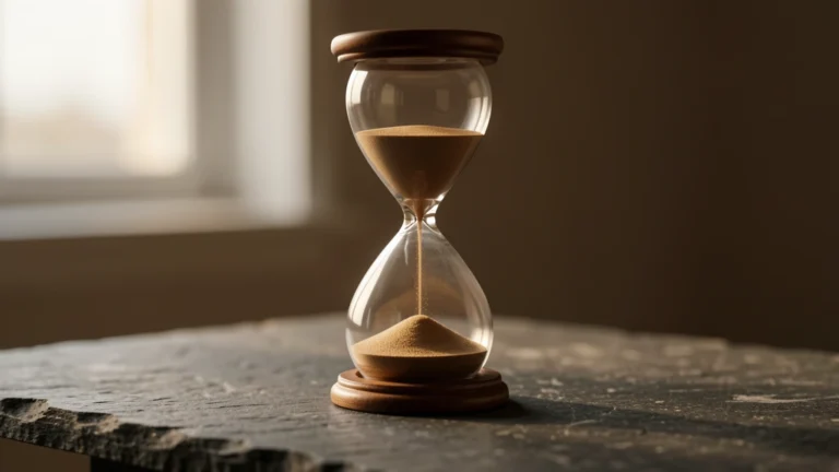 An hourglass with sand running through it on a dark stone surface