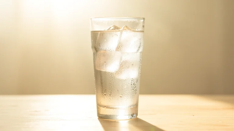 A tall glass of iced water beaded with condensation on a table under bright hazy summer light