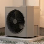 An outdoor heat pump unit beside a house wall next to an indoor gas furnace in a basement utility room, no people present
