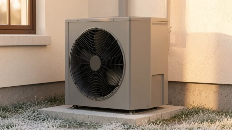 An outdoor heat pump unit beside a house wall next to an indoor gas furnace in a basement utility room, no people present