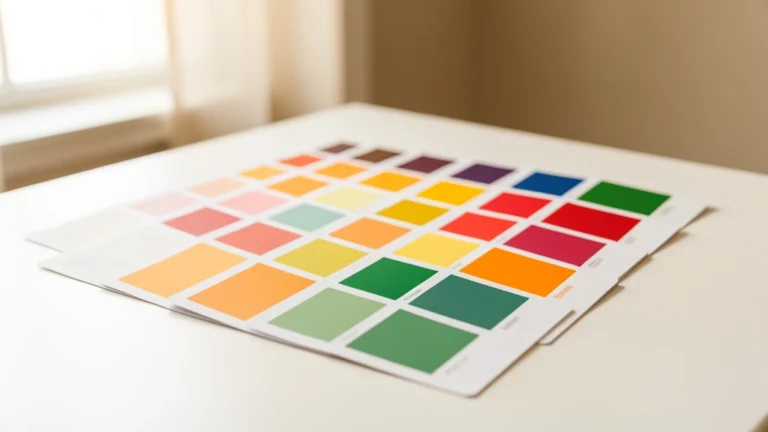 Rows of bright paint color swatch cards fanned out on a white desk