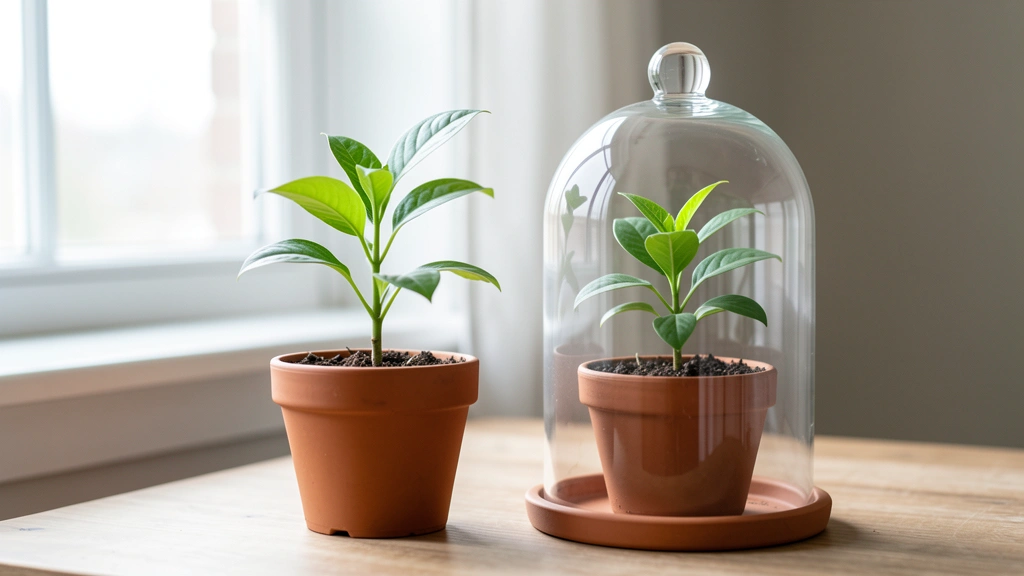 Two small plants growing side by side at different speeds next to a padlock and an open lock icon, illustrating locked fixed-rate growth versus flexible variable-rate growth, no text, no people