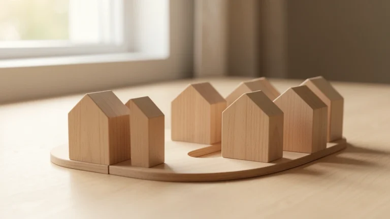 A neighborhood-style row of small identical house blocks sharing one connecting path, suggesting shared costs, no faces or people, no text, numbers, or dollar signs in the image, photorealistic editorial still life style