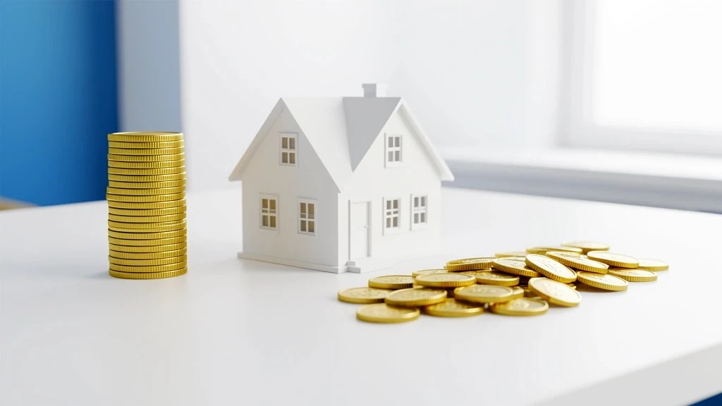 Miniature house between a single solid stack of coins and a flowing line of coins, representing a home equity loan versus a HELOC