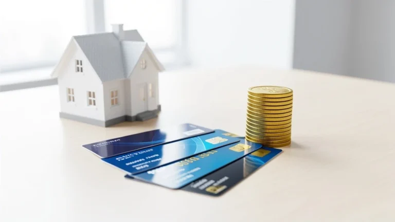 Miniature house beside several credit cards merging into one stack of gold coins, representing consolidating debt with home equity