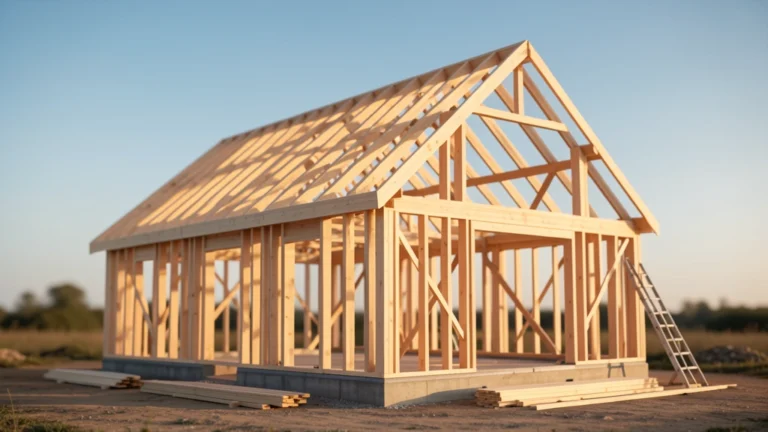 New timber house frame with roof trusses under a blue sky