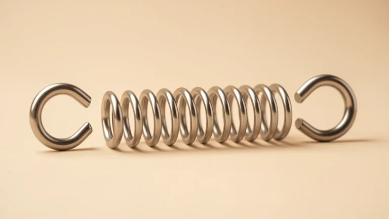 A metal coil spring with a hook at each end on a plain light background