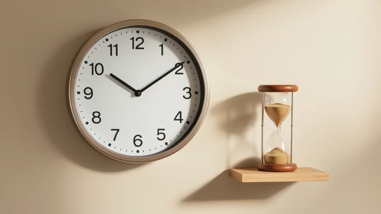 Split scene of a time clock punch card on one side and a calendar paycheck stub on the other, connected by a converting arrow, showing hourly pay turning into yearly salary and back, no text, no real person's face