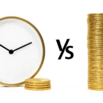 A wall clock beside a stack of hourly coins on one side and a single steady monthly paycheck envelope on the other, representing hourly wages versus salaried pay, no text in image