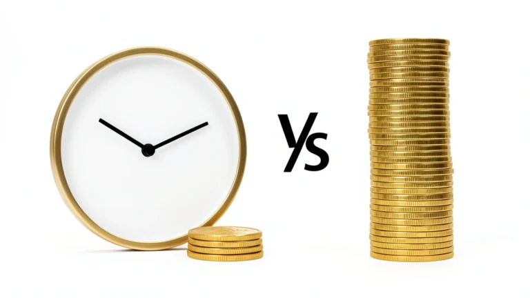 A wall clock beside a stack of hourly coins on one side and a single steady monthly paycheck envelope on the other, representing hourly wages versus salaried pay, no text in image