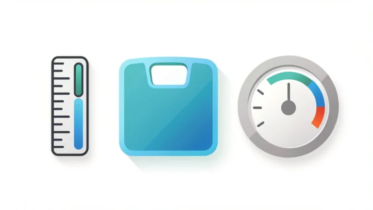 A simple height and weight icon next to a neutral gauge showing general BMI category bands
